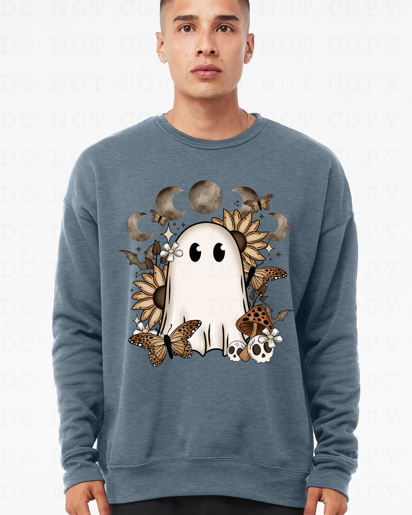 Slate blue gothic ghost sweatshirt with moon phase sleeve print