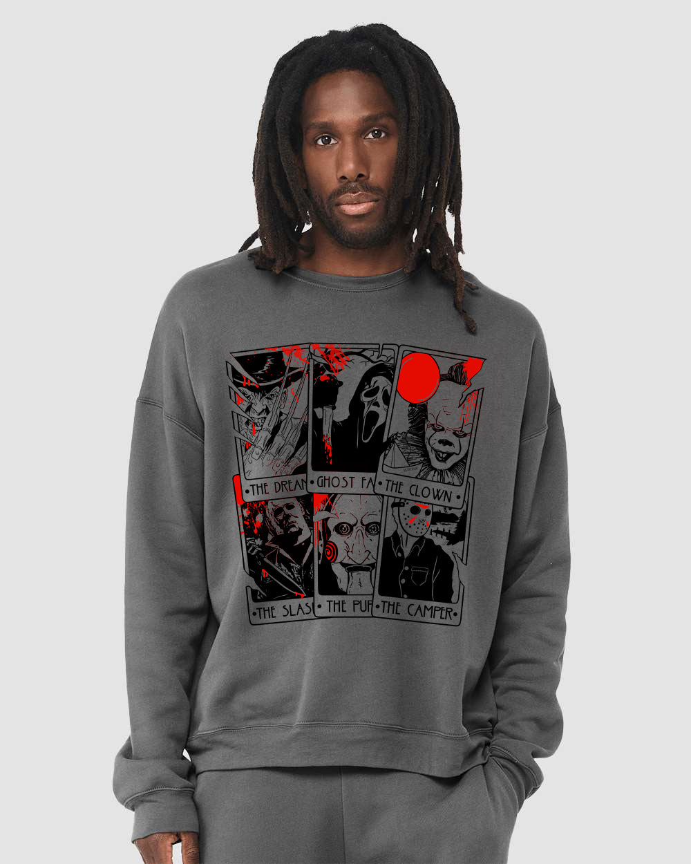 Asphalt Bella Canvas horror movie villains sweatshirt with gothic streetwear print