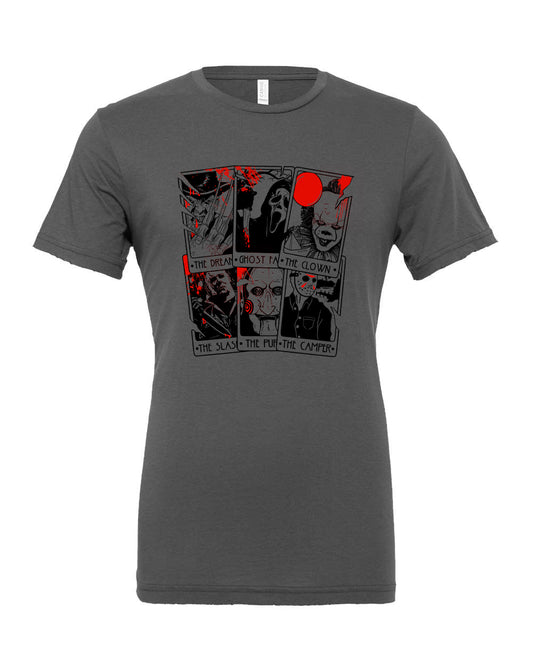 Kids Asphalt horror graphic tee with black and red slasher character card design