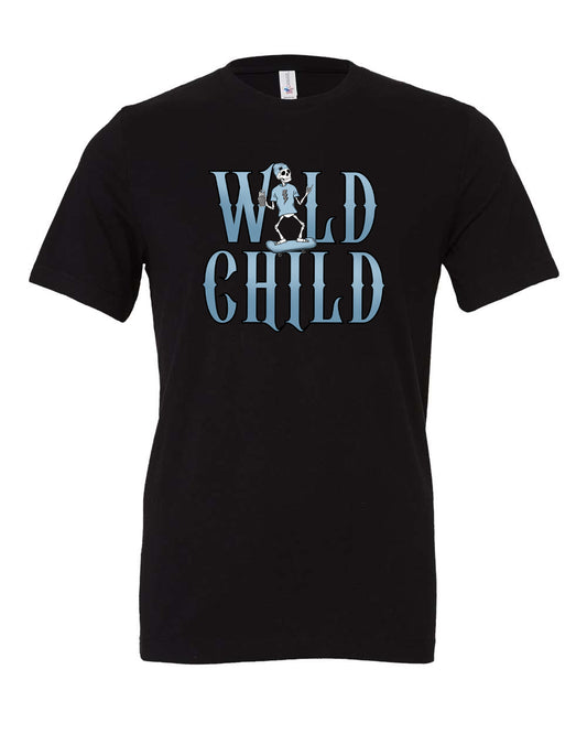 Black Wild Child shirt for toddlers and kids with a blue skateboarding skeleton graphic
