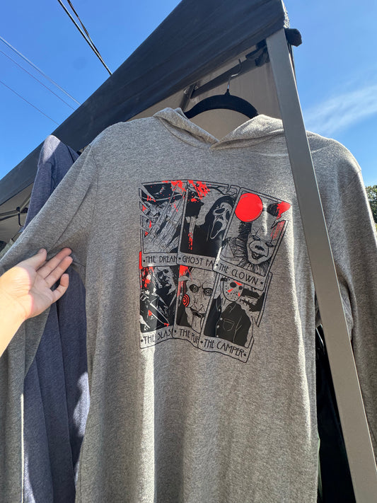 Lightweight long sleeve hooded tee with horror movie villain artwork