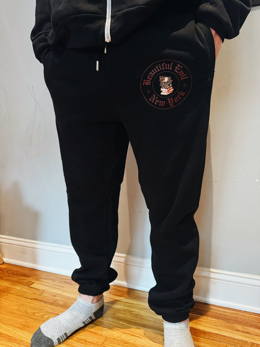 Beautiful Evil NYC | Black Heavyweight Joggers with Gothic Crest