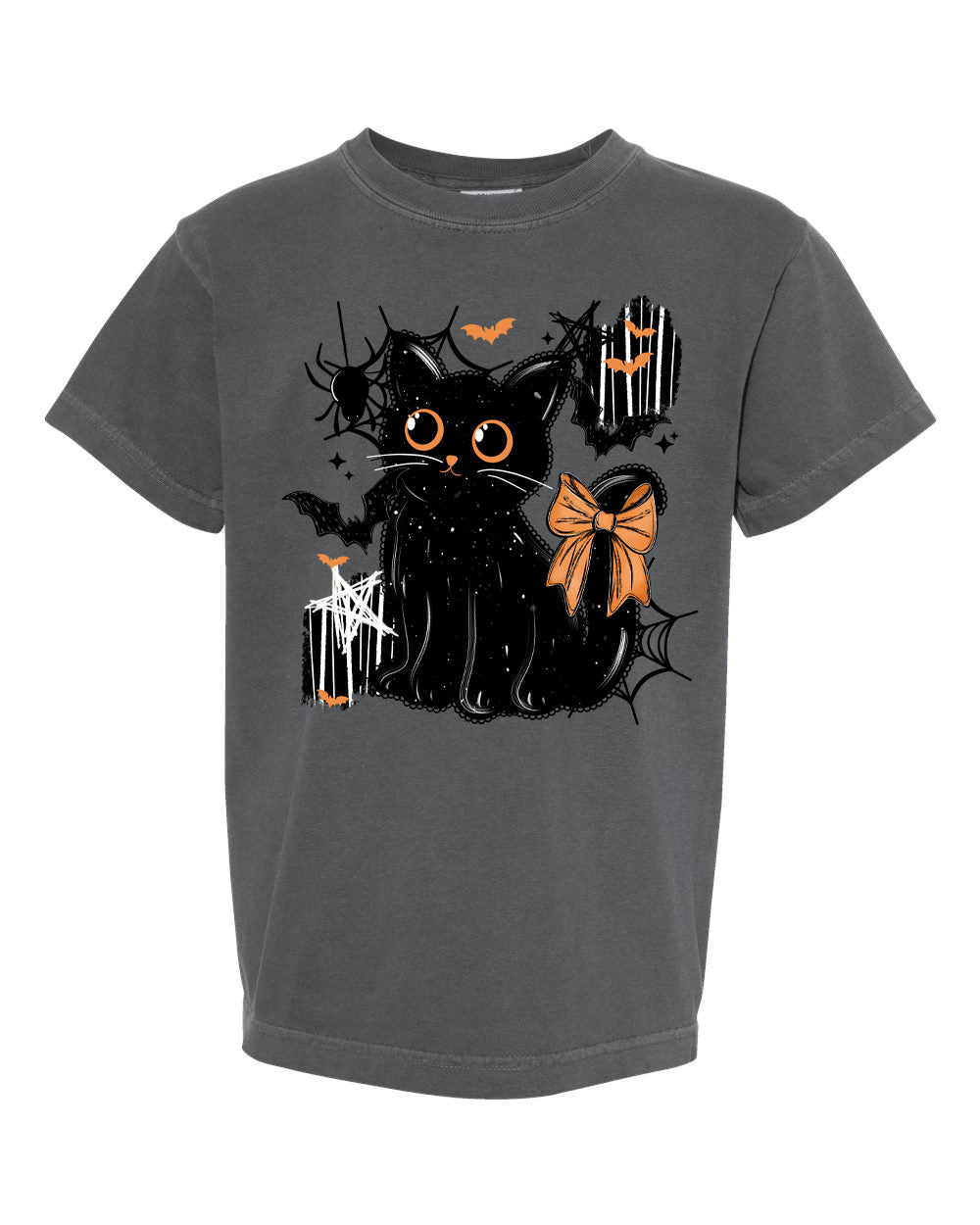 Kids black cat Halloween shirt on a Pepper Comfort Colors tee with bats, spiderwebs and an orange bow