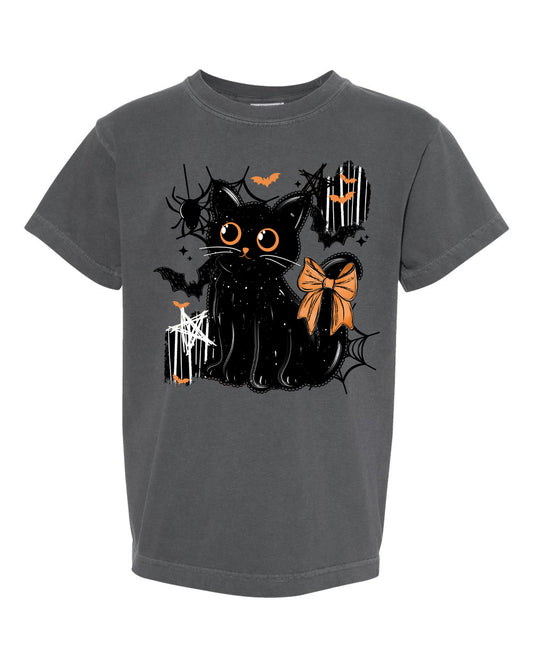 Kids black cat Halloween shirt on a Pepper Comfort Colors tee with bats, spiderwebs and an orange bow
