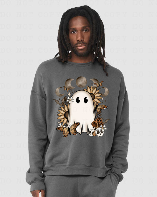 Asphalt gray ghost cottagecore sweatshirt with sunflowers, mushrooms, and bats