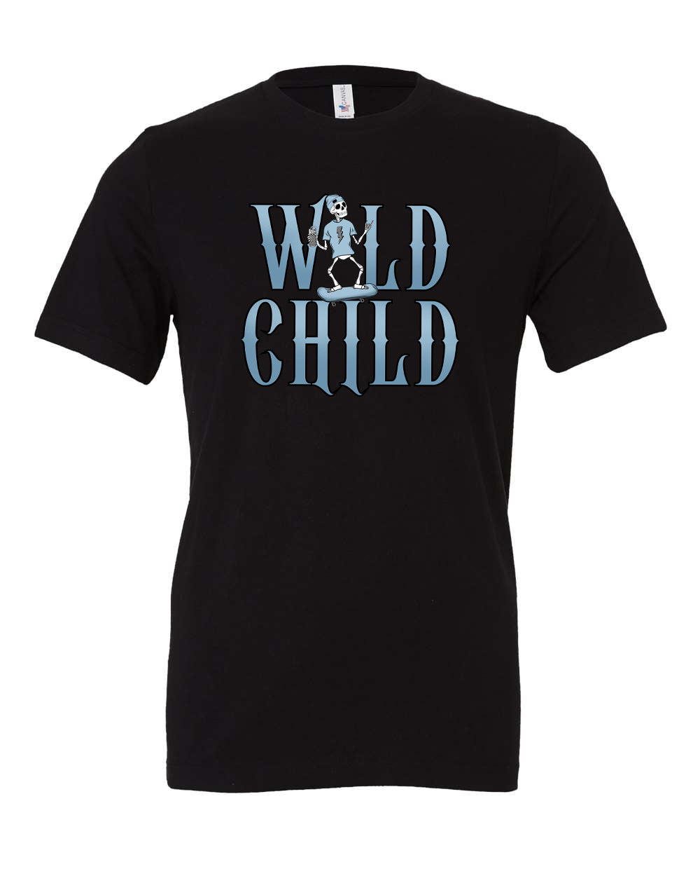 Black Wild Child shirt for toddlers and kids with a blue skateboarding skeleton graphic
